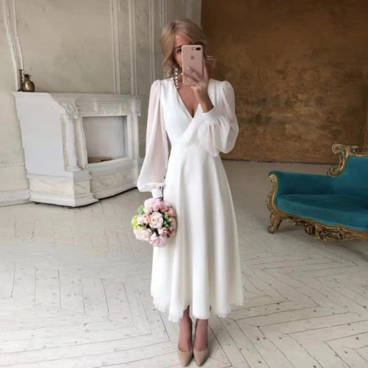 Wedding Long Sleeve Super  Simple White Evening Dress