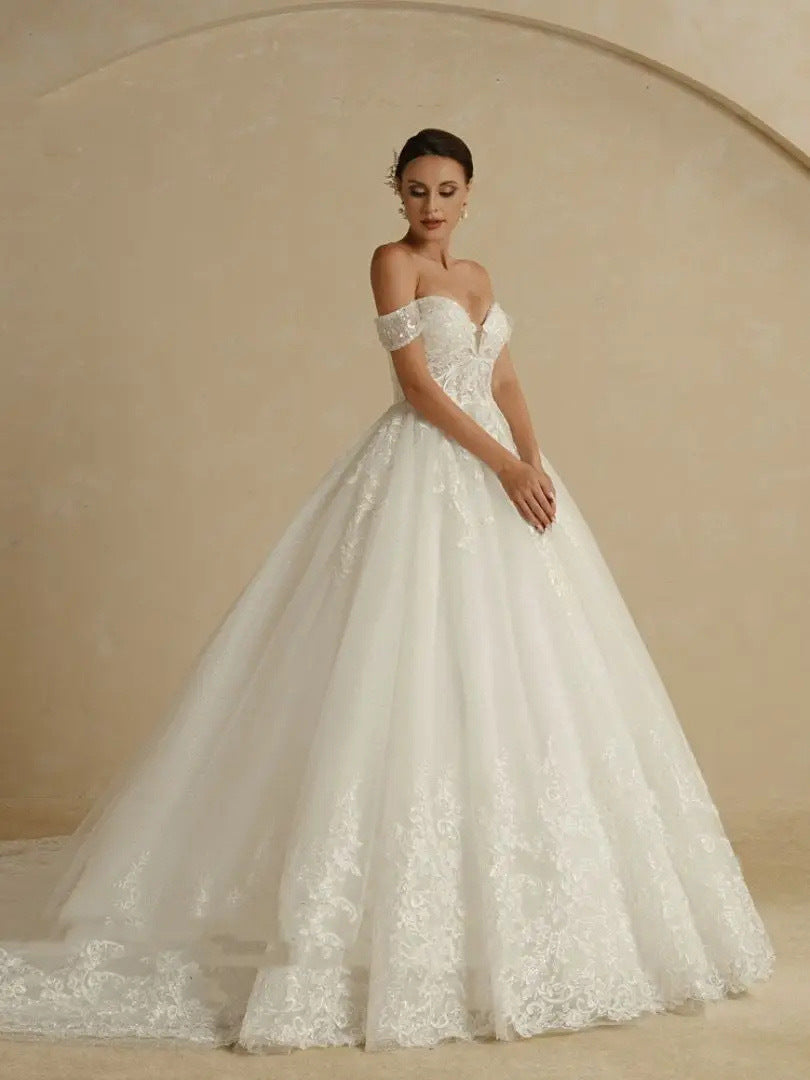 Off-the-Shoulder Lace Ballgown Wedding Dress with Court Train.