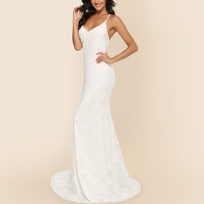 Sexy V-neck Brace Large Trailing Wedding Dress