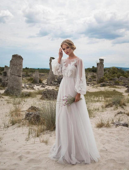 Boho Long Sleeve Embroidered Wedding Dress - Romantic Tulle Bridal Gown.