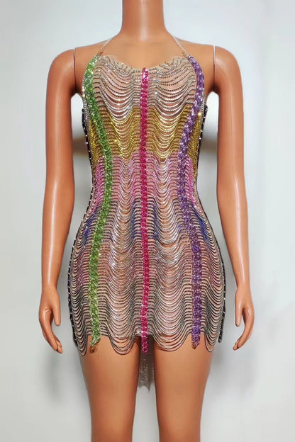Colorful Drill Chain Dress Performance Costume Party Evening Dress
