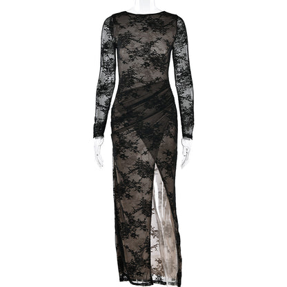 Womens Slit Long Elegant Sheer Dress