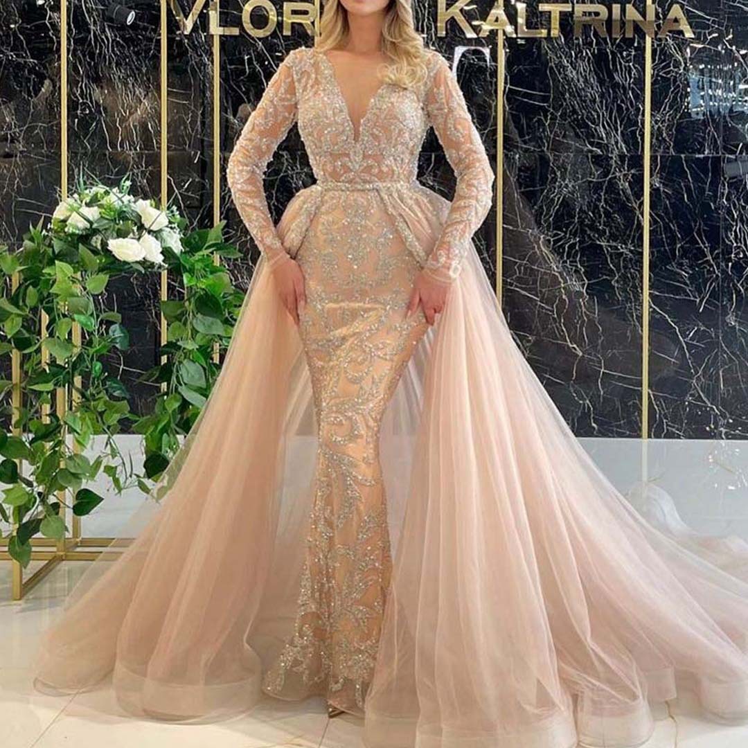 2-in-1 Luxury Beaded Mermaid Wedding Dress with Detachable Overskirt.
