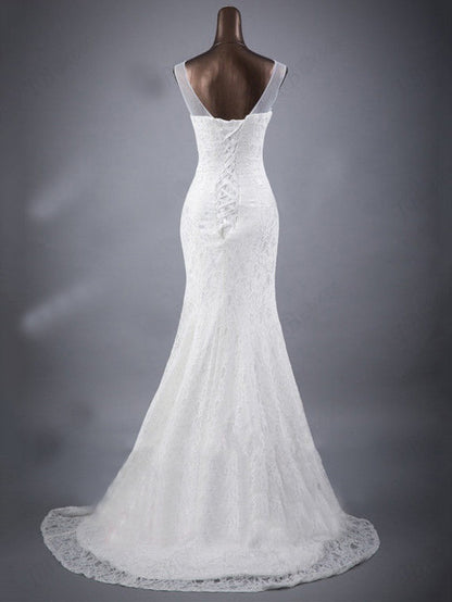 Elegant Lace Trumpet Wedding Dress with Illusion Neckline and Train.