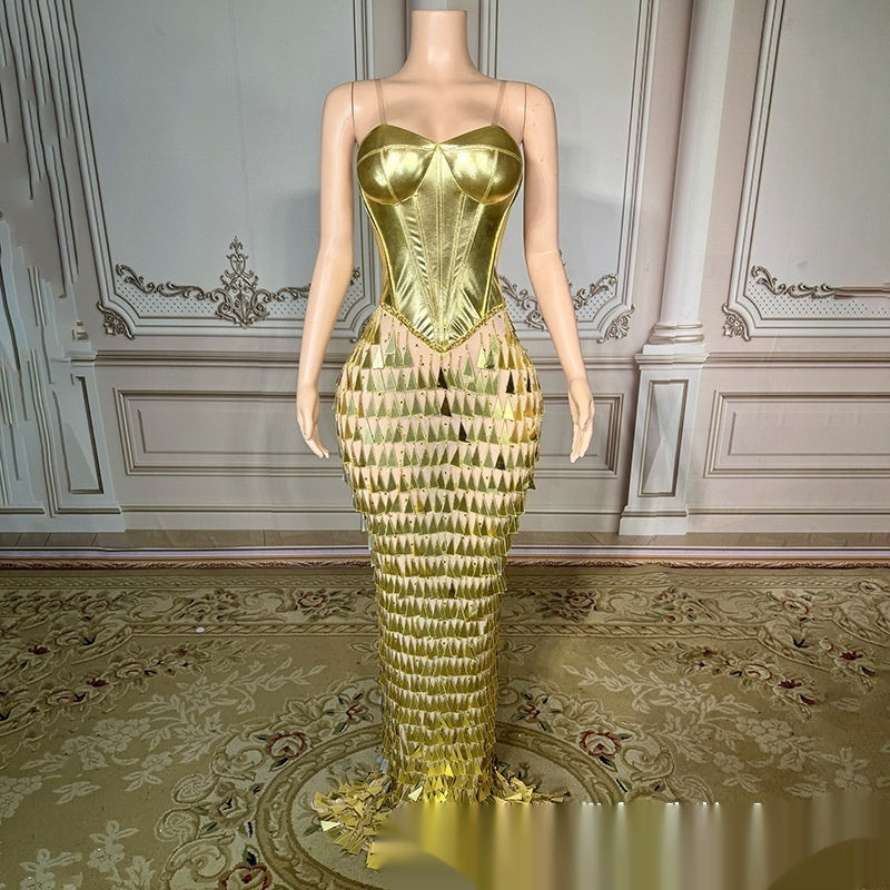 Golden Bright Surface Bandage Design Tight Waist Slimming Mermaid Formal Dress