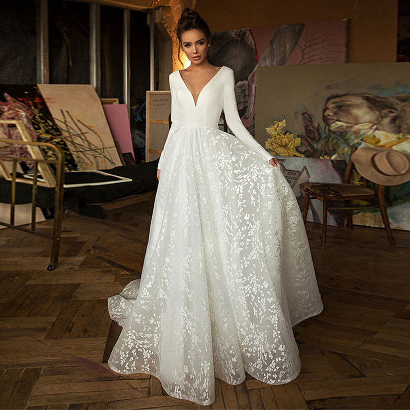 Long Sleeve V-Neck Wedding Dress - Satin A-Line Bridal Gown with Train