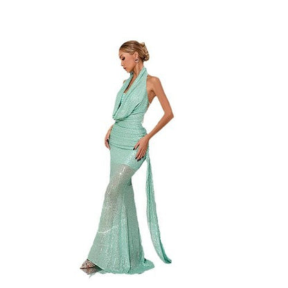 Halter Green Sexy Formal Sequined Party Dress