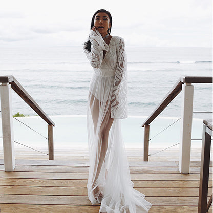 Boho Long Sleeve Lace Beach Cover-Up – Sheer Mesh Maxi Dress