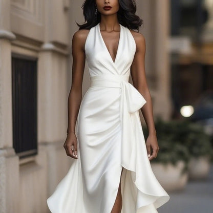 Elegant Deep V-neck Irregular Women's Ruffled Evening Dress Gowns Solid Color Lace-up High Waist Satin Party Dresses Wedding Guests Dress