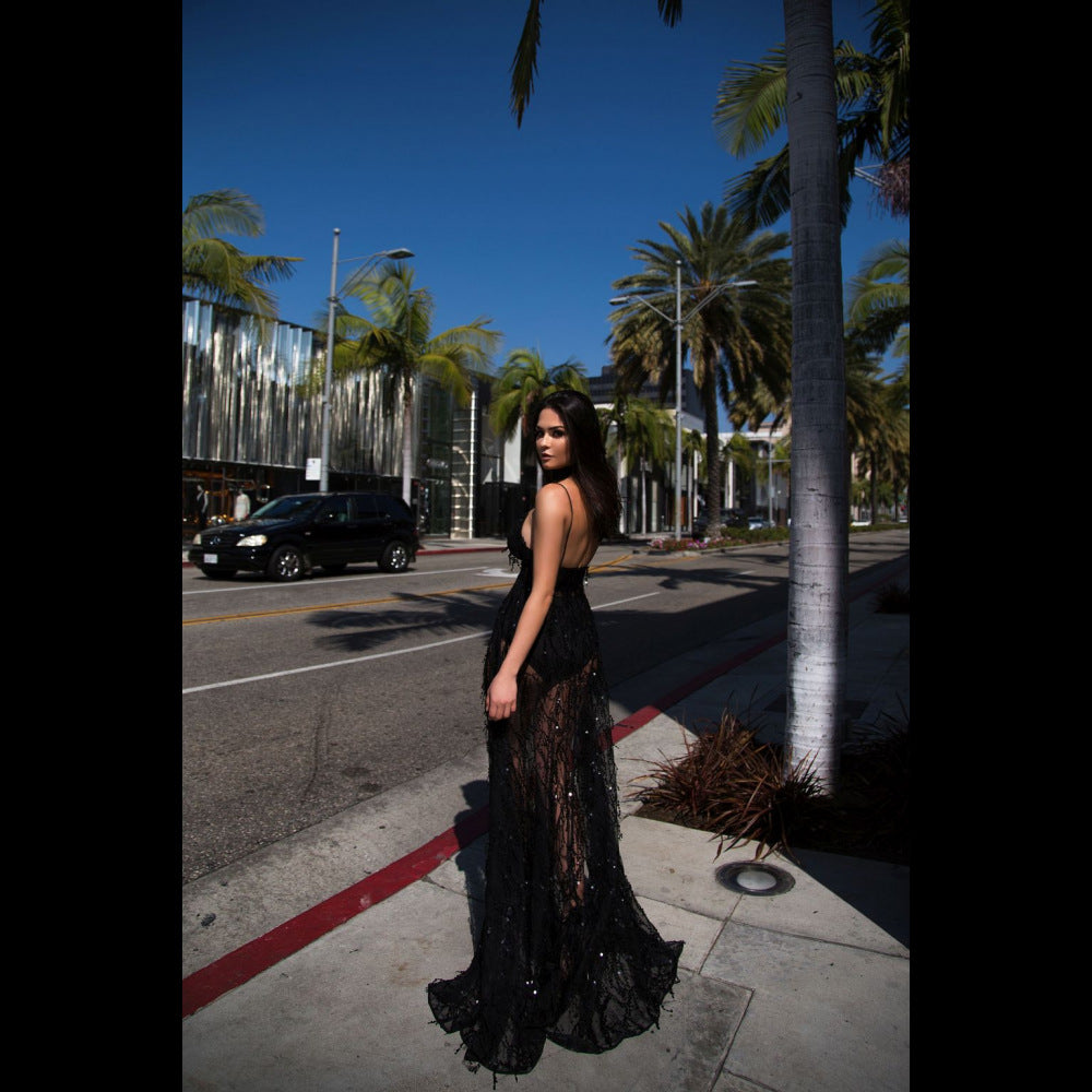 Strap sequined mop dress split long dress