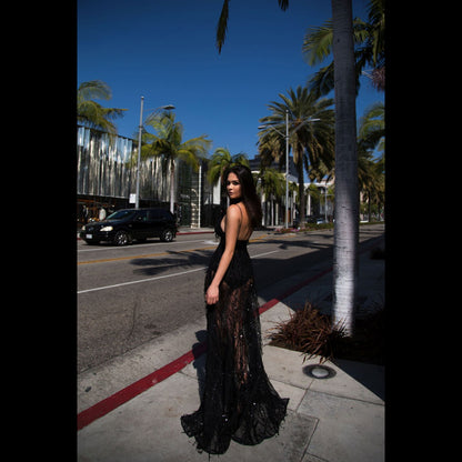 Strap sequined mop dress split long dress