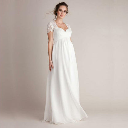 Lace Cap Sleeve Maternity Wedding Dress | Elegant Empire Waist Bridal Gown.