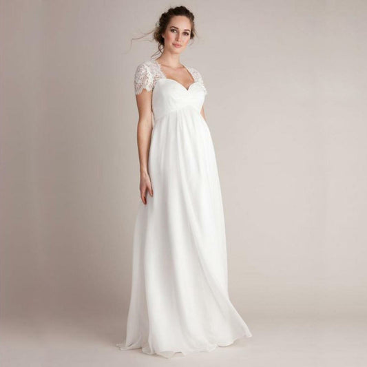 Lace Cap Sleeve Maternity Wedding Dress | Elegant Empire Waist Bridal Gown.