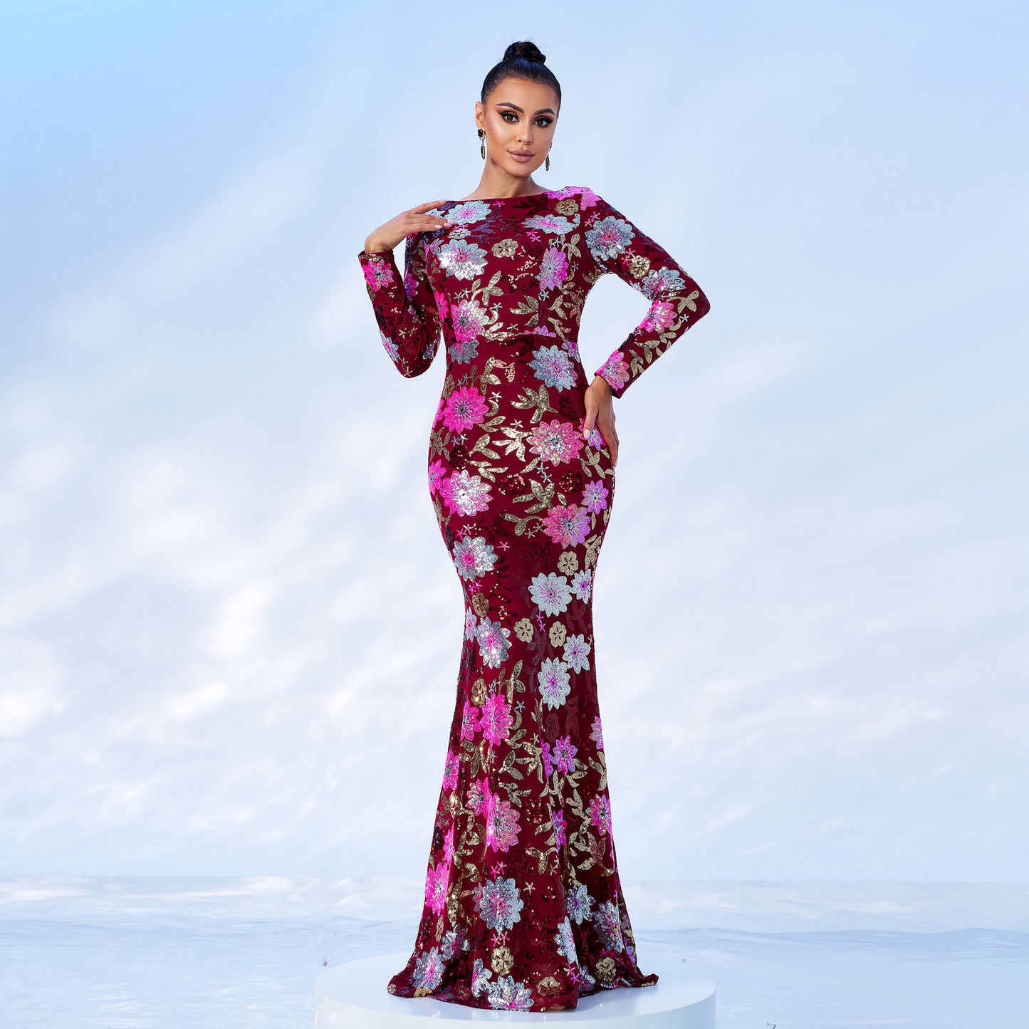 Evening Gown Long Sleeve Temperament Crew Neck Long Sequined Floral Banquet Dress