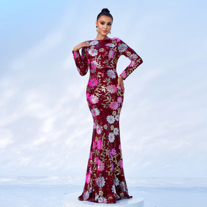 Evening Gown Long Sleeve Temperament Crew Neck Long Sequined Floral Banquet Dress