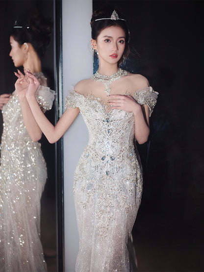 Luxury Glitz Mermaid Wedding Dress with Detachable Cape Train.
