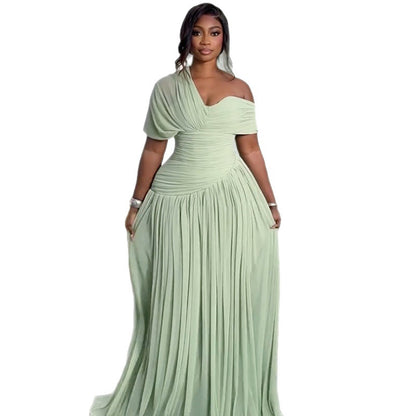 Slant-neck Pleated Lace-up Waist-cinched Long Short-sleeve Dress