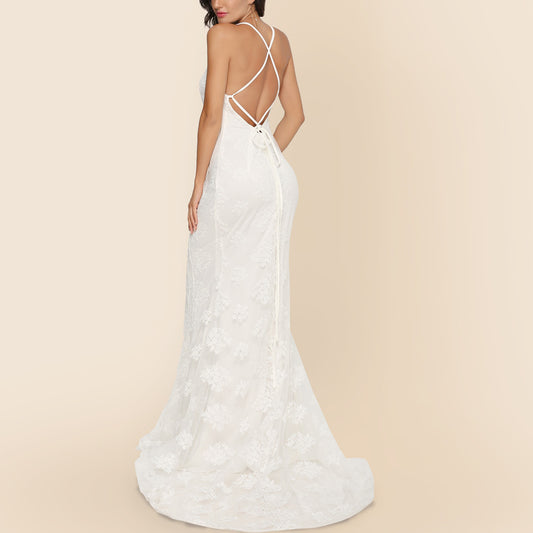 Sexy V-neck Brace Large Trailing Wedding Dress