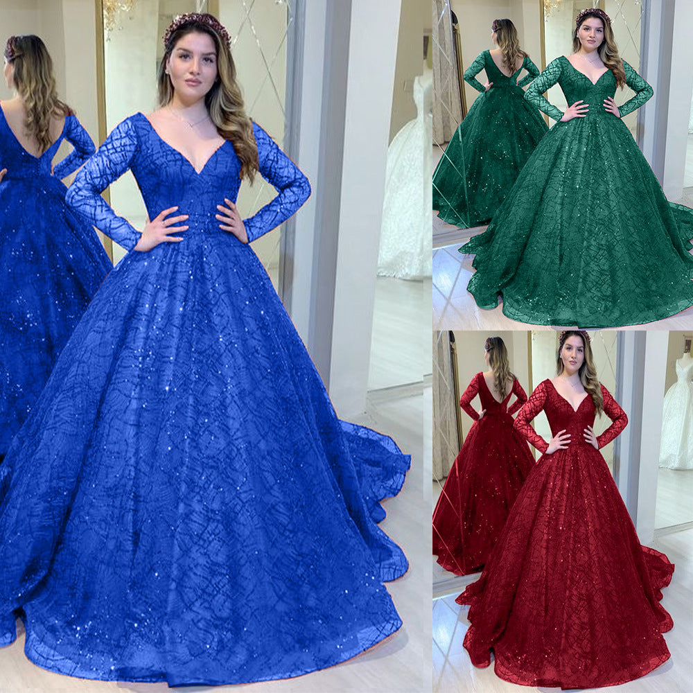 Long Sleeve Sequin Ball Gown - V-Neck A-Line Formal Evening Dress