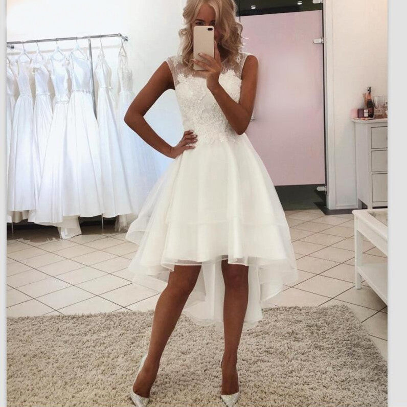 Lace Illusion High-Low Wedding Dress | Simple A-Line Bridal Gown.