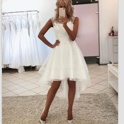 Lace Illusion High-Low Wedding Dress | Simple A-Line Bridal Gown.