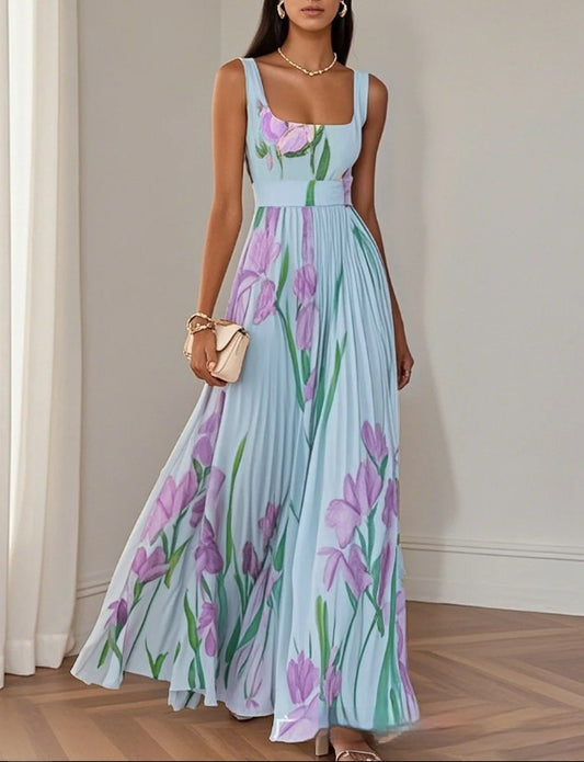 Women's Floral Strap Pleated Sleeveless Dress