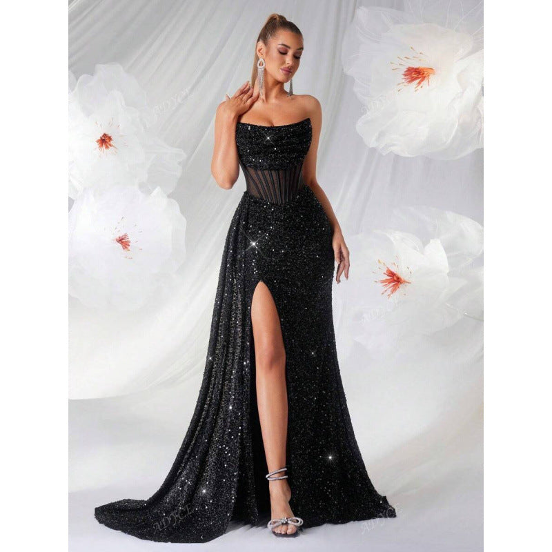 Womens Off-the-Shoulder Hollowed-Out Fishbone Pleated Dress