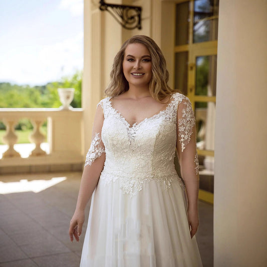 Lace A-Line Wedding Dress - Elegant V-Neck Tulle Bridal Gown.
