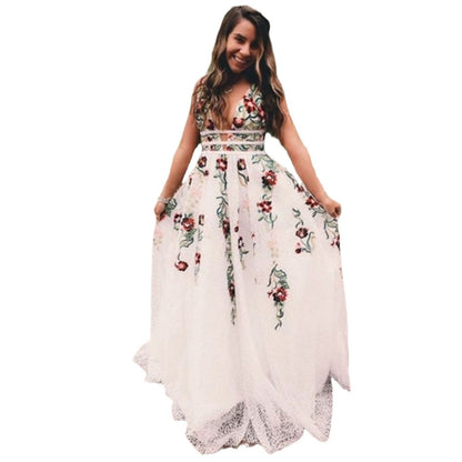 Backless Flower Decoration V-neck Sexy Formal Dress
