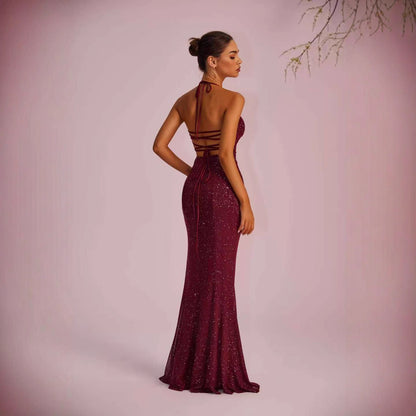 Elegant Formal Solid Color Slim-fit Low-cut Backless Slit Maxi Dress