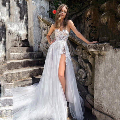 Strapless Lace Wedding Dress with High Slit - Whimsical Tulle Bridal Gown.