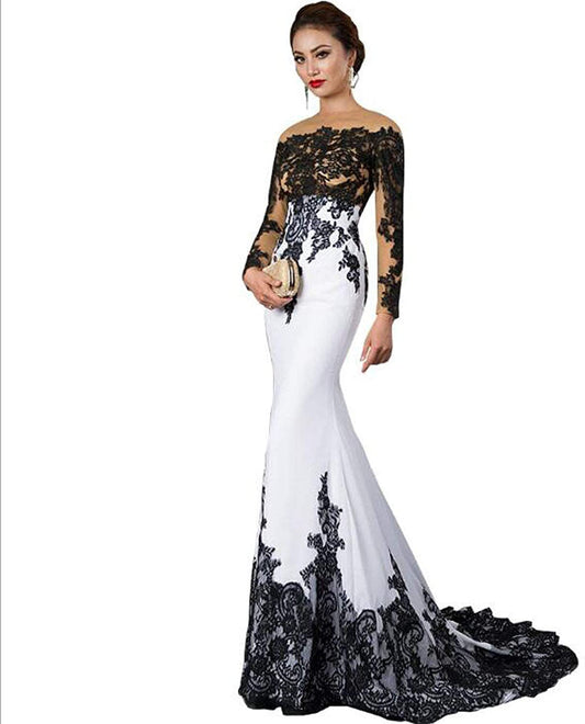 New Slim Mermaid Tail Wedding Formal Unique Black and White Lace Dress