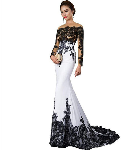 New Slim Mermaid Tail Wedding Formal Unique Black and White Lace Dress