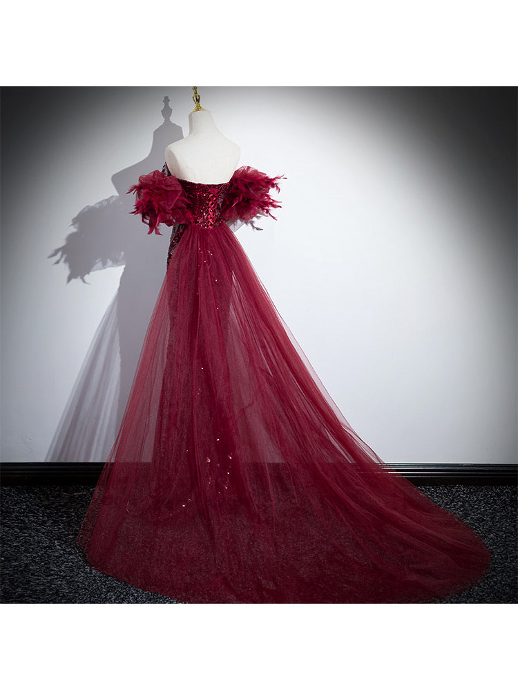 Off-The-Shoulder Sequin Mermaid Dress - Red Formal Evening Gown with Ruffle Sleeves