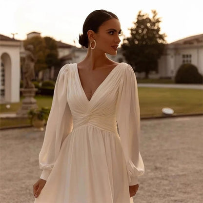 Elegant Long Sleeve Chiffon Wedding Dress - Deep V-Neck A-Line Bridal Gown.