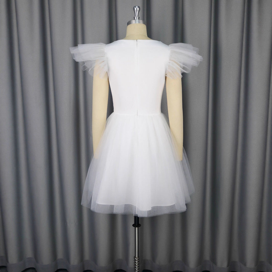 Female Solid Color Wedding V-neck Flying Sleeve Dress