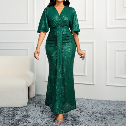 High Waist V-neck Pure Color Sequins Shoulder Sleeve Women's Long Formal Dress