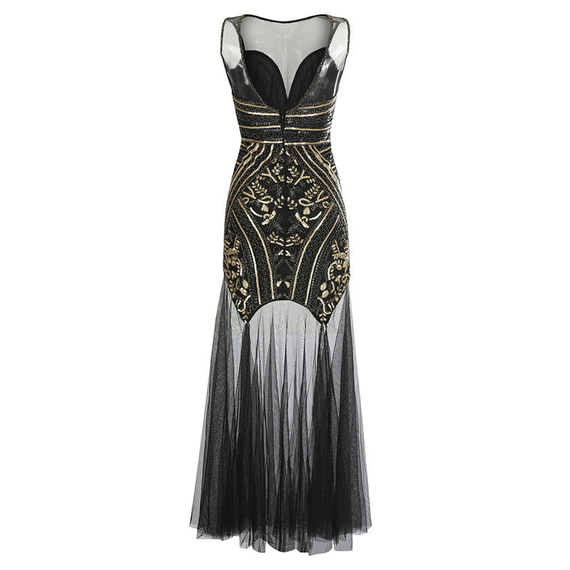 Vintage  Bridesmaid Beaded Mesh Sequin Evening Dress