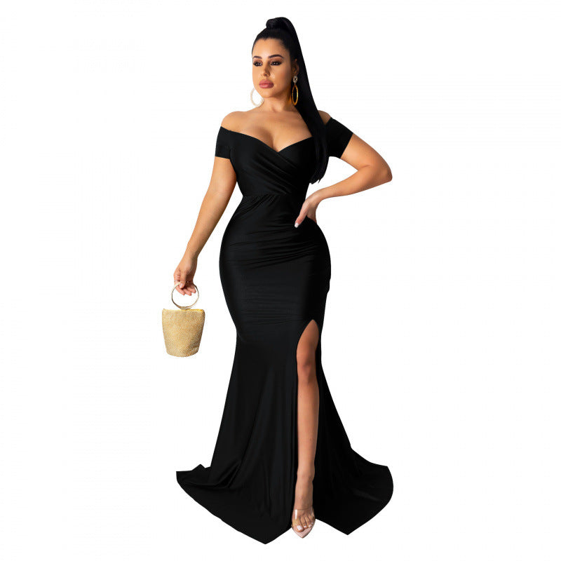 Nightclub V-neck Formal Dress In Solid Color With A High Slit And Short Sleeves