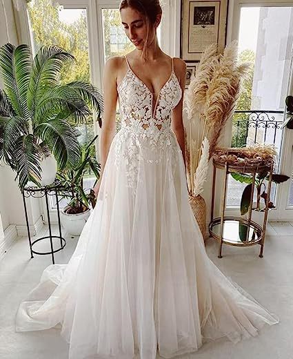 Floral Lace A-Line Wedding Dress - Romantic Deep V-Neck Bridal Gown with Straps.