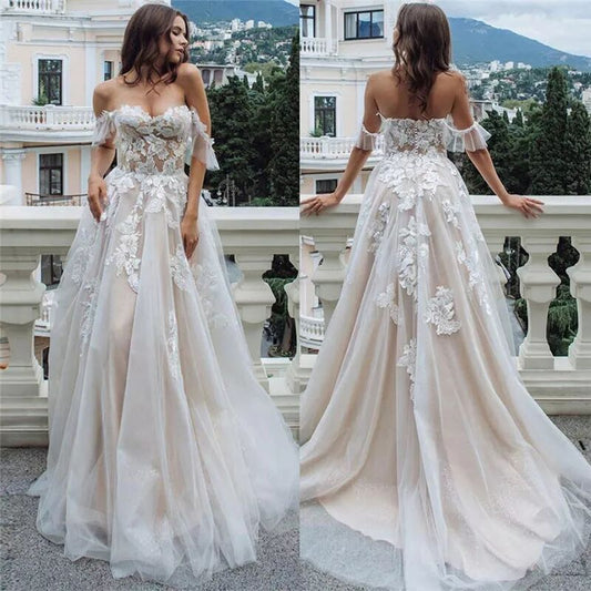 Luxury Off-the-Shoulder Satin Wedding Dress with Pockets & Back Bow.