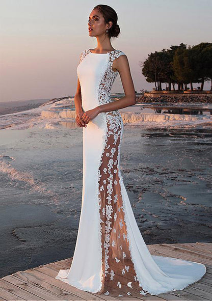 Sleeveless Mermaid Wedding Dress - Illusory Lace Side Cutout Bridal Gown