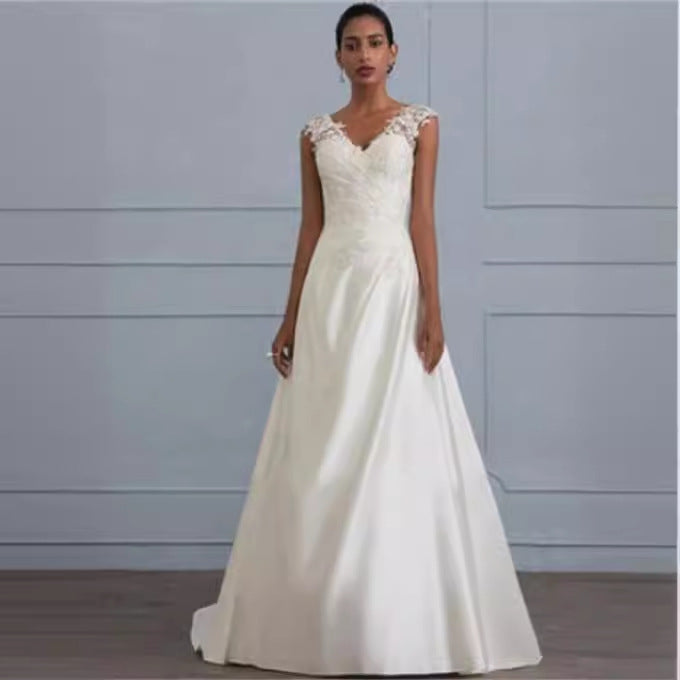 White Lace A-Line Wedding Dress - Low V-Neck Backless Bridal Gown