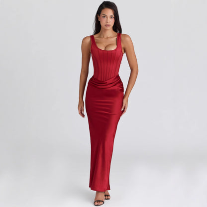 Womens Solid-Color Satin Fishbone-Style Strap Bodycon Pleated Patchwork Dress