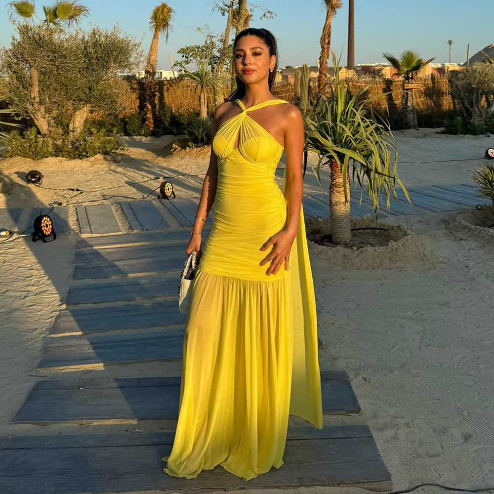 Pure Color Halter Mesh Stitching Dress Slit Dress