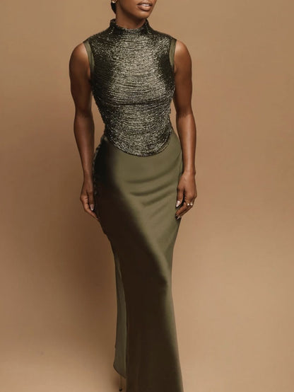 Elegant Sleeveless Tassel-trimmed Zippered Satin Fishtail Maxi Dress Set