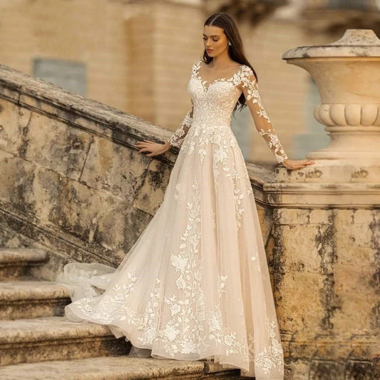 Romantic Illusion Lace Long Sleeve Wedding Dress | Tulle A-Line Bridal Gown.