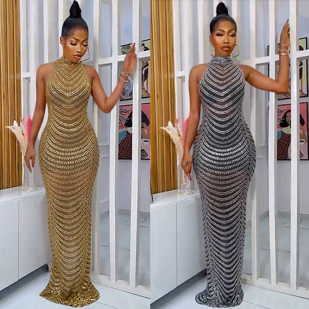 Fashionable Backless Nightclub Party Formal Dress Rhinestone See-through Dress For Women