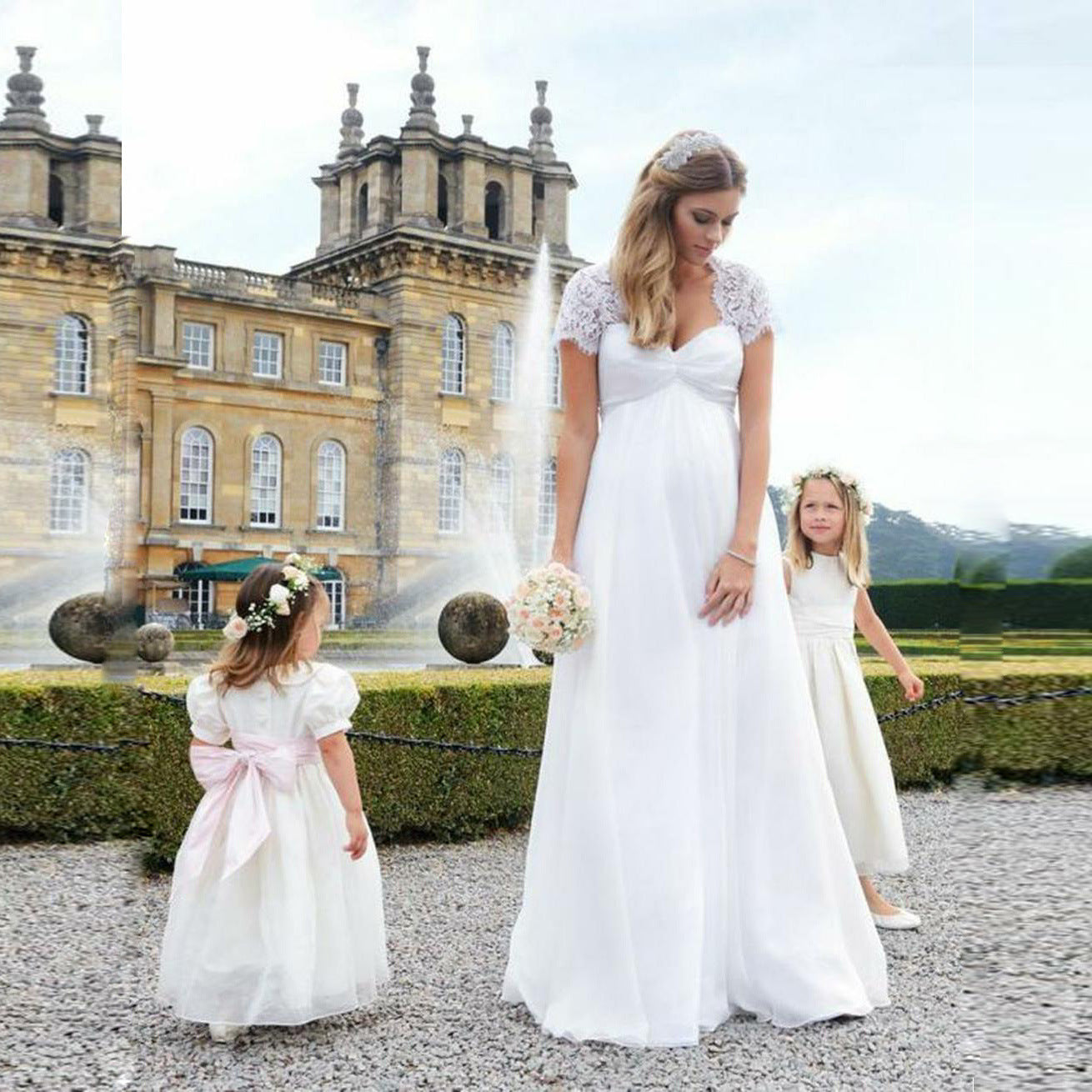 Lace Cap Sleeve Maternity Wedding Dress | Elegant Empire Waist Bridal Gown.