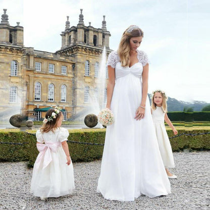 Lace Cap Sleeve Maternity Wedding Dress | Elegant Empire Waist Bridal Gown.